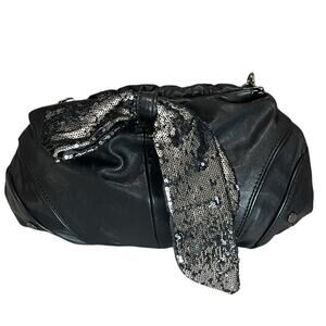 Bill Blass Sequin Bow Shoulder Bag Black Leather Clutch Magnetic Closure Vintage